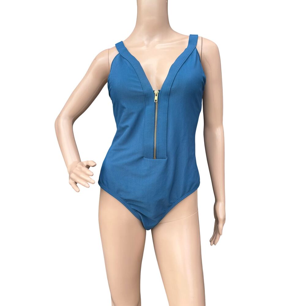 Kona Sol Teal Ribbed Front Zip Swimsuit L